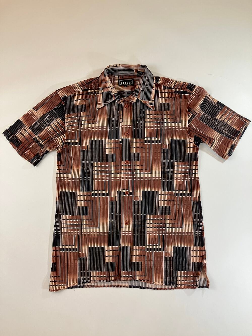 Pronti Collection by Phita Men L Brown Black Geometric Sheer Mesh Shirt Y2K